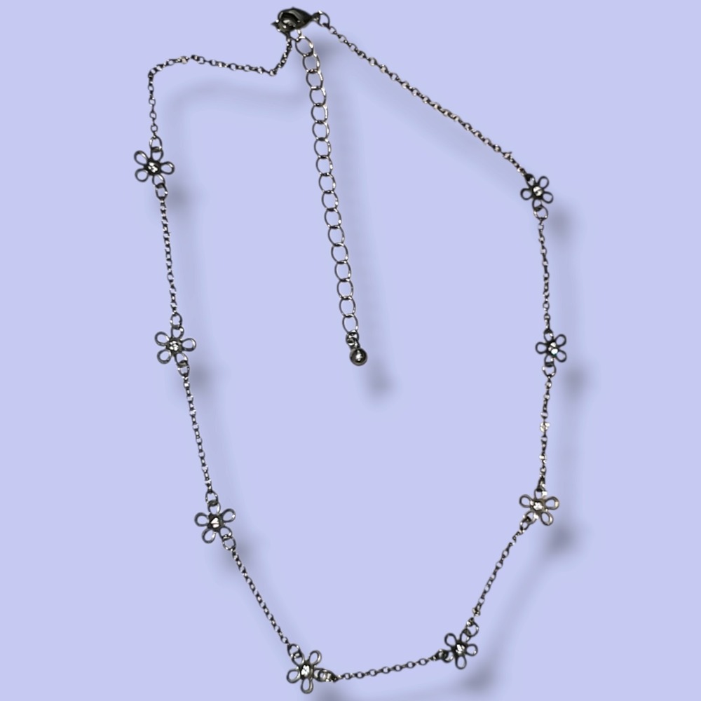 Vintage '90S Y2K Silver Tone Rhinestone Flower Choker Necklace 15"-18"